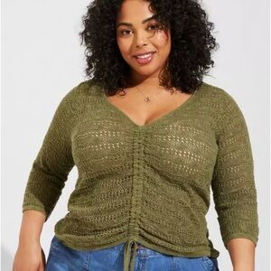 Torrid Open Stitch Olive Green Pullover V-Neck Cinched Front Sweater Top size 2X